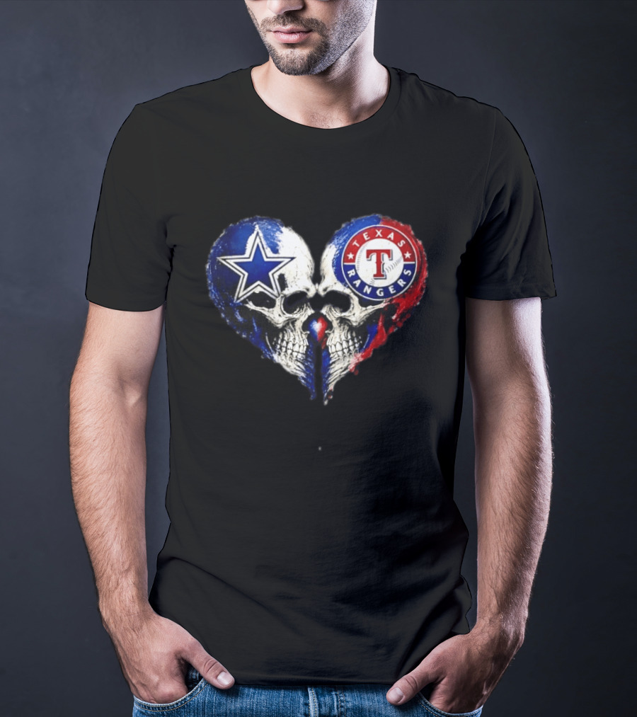 Dallas Cowboys Star And Texas Rangers Skull Heart T-Shirt