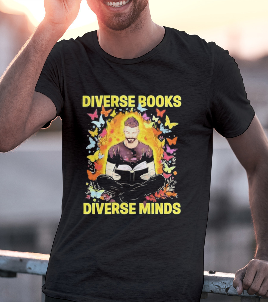 Diverse Books Diverse Minds Reading Book Lover With Colorful Butterfly Motif T-Shirt