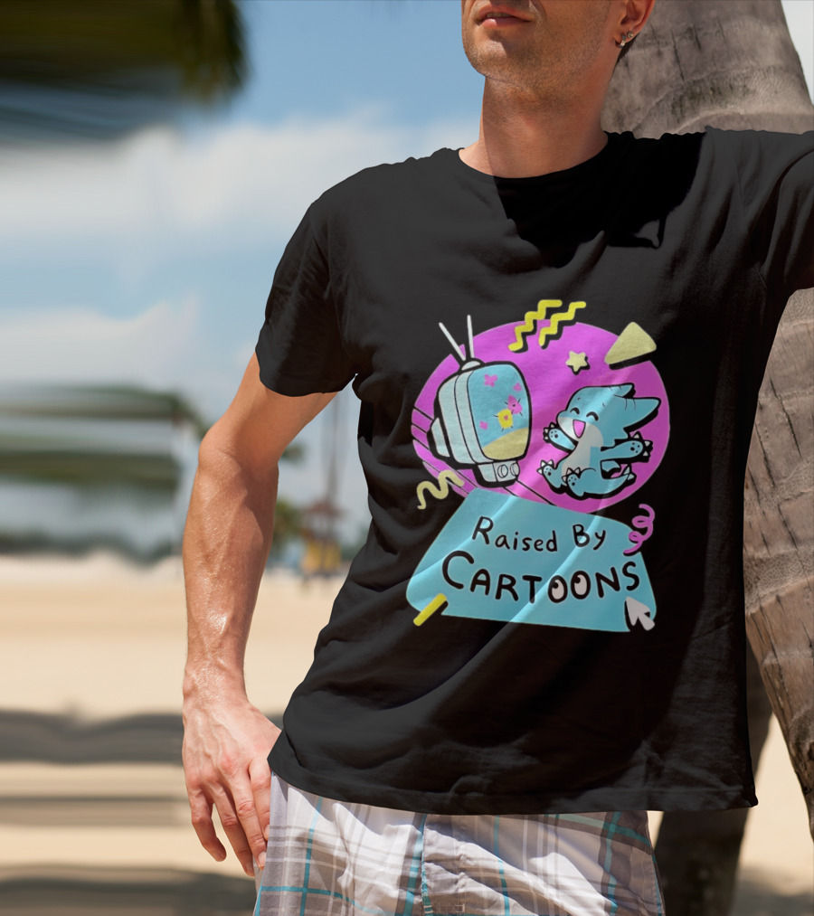 Raised By Cartoons Nostalgia 90s Kid Cartoon Lover Retro TV And Playful Puppy Scene T-Shirt
