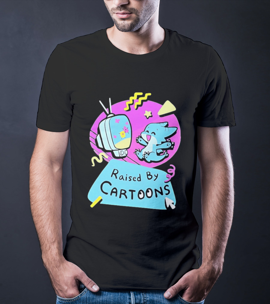 Raised By Cartoons Nostalgia 90s Kid Cartoon Lover Retro TV And Playful Puppy Scene T-Shirt