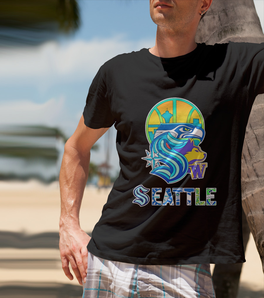 Seattle Seahawks Washington Huskies Skyline Collage With Space Needle And Compass Rose T-Shirt