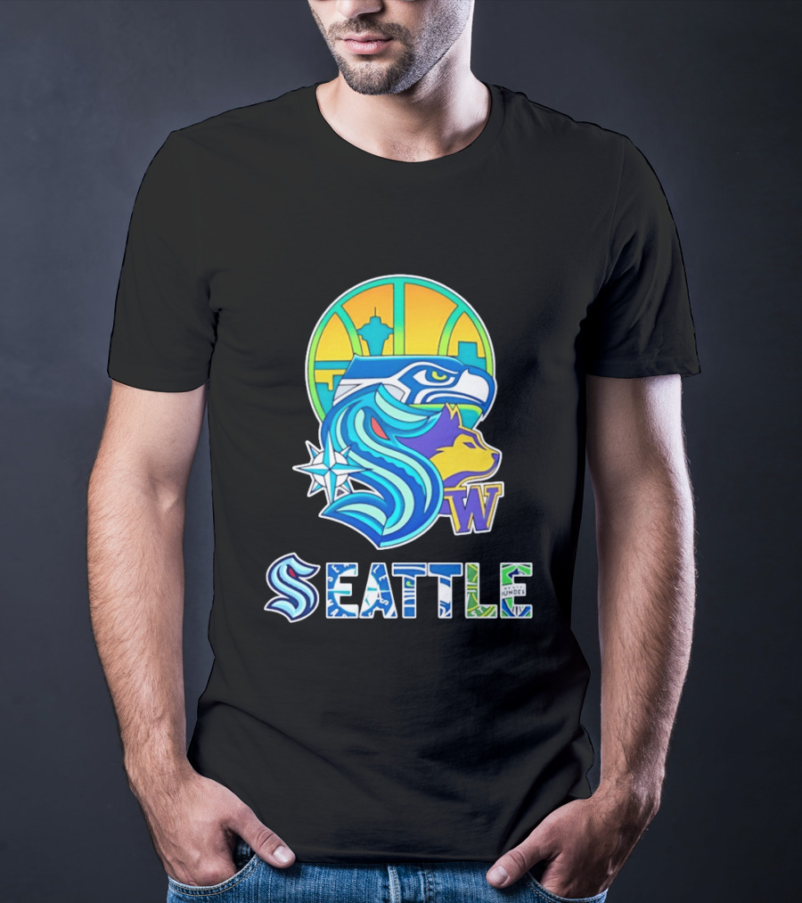 Seattle Seahawks Washington Huskies Skyline Collage With Space Needle And Compass Rose T-Shirt