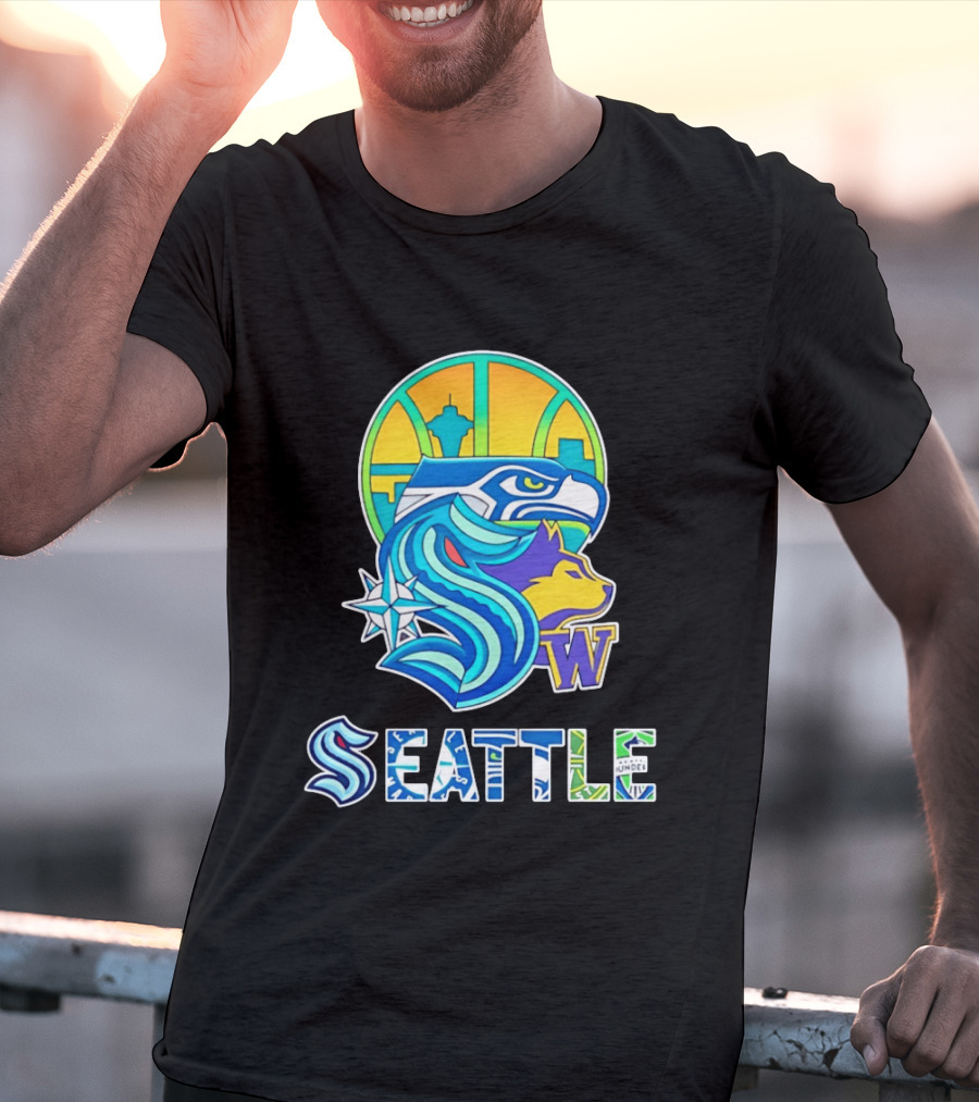 Seattle Seahawks Washington Huskies Skyline Collage With Space Needle And Compass Rose T-Shirt