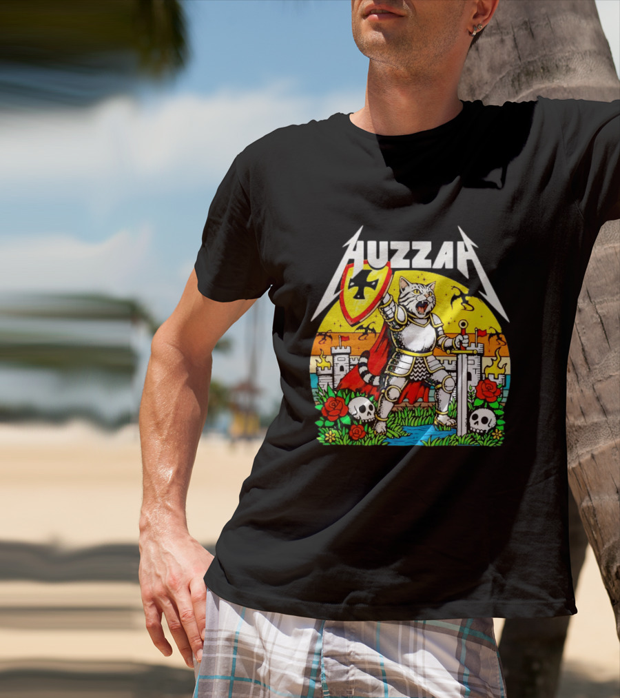 Huzzah Cat Knight Medieval Fantasy With Shield And Sword In Castle Scene T-Shirt