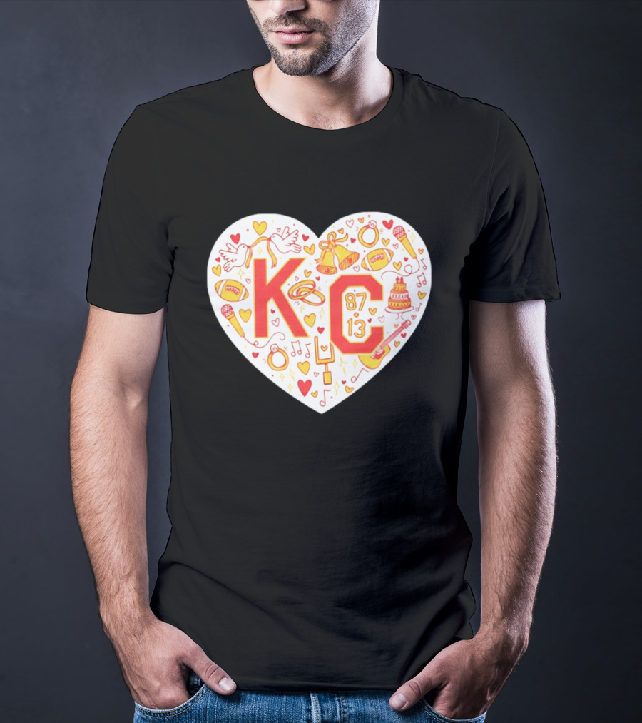 KC 87 13 Heart With Football Rings Music Bells Cake And Guitar T-Shirt