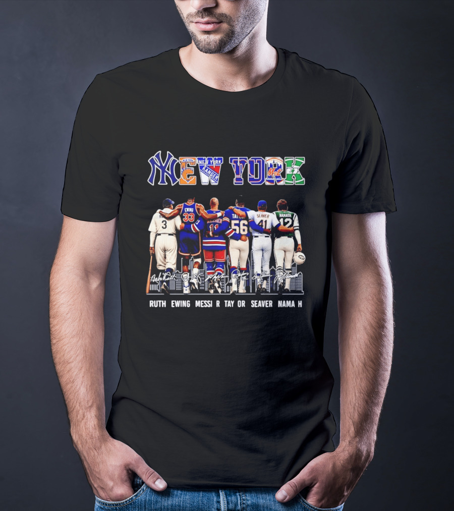 NY Sports Legends New York Yankees Knicks Rangers Mets Giants Jets Ruth Ewing Messier Taylor Seaver Namath T-Shirt
