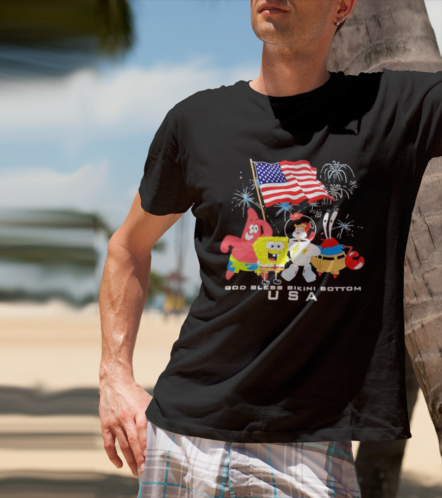 God Bless Bikini Bottom USA Sponge 4th Of July Celebration T-Shirt