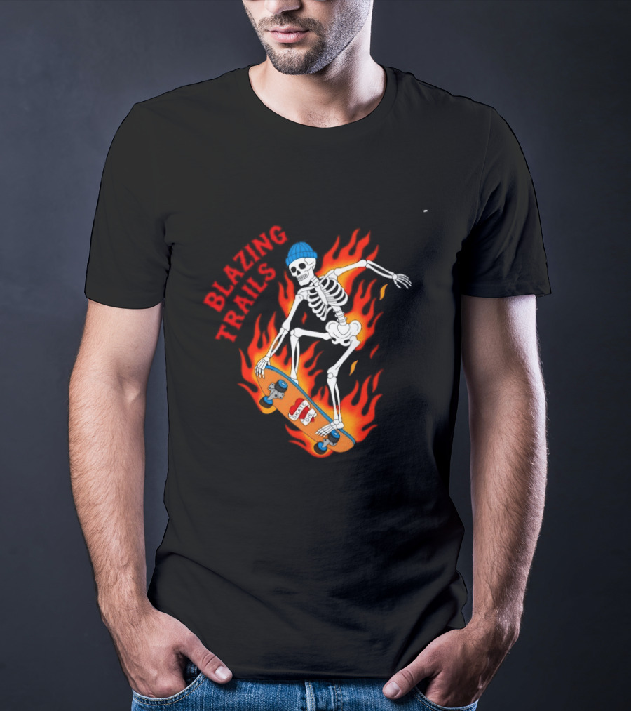 Blazing Trails Skate Or Die Skeleton Flaming Skateboard T-Shirt