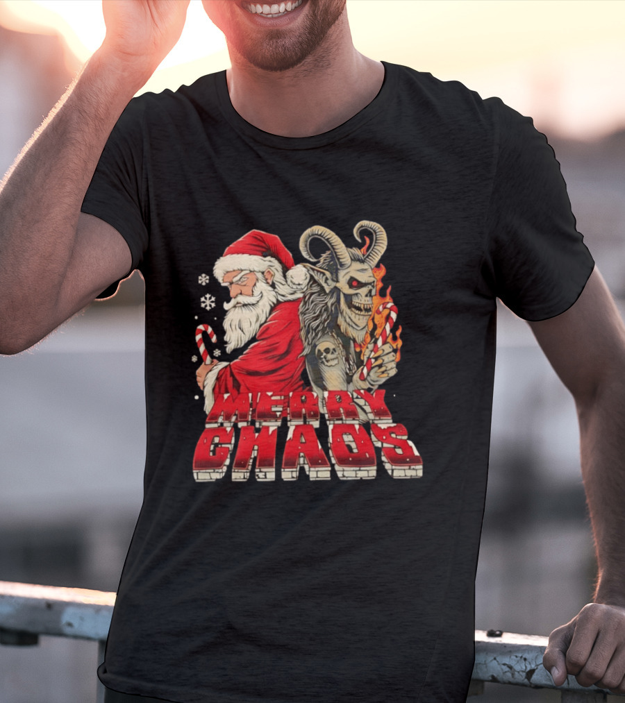 Merry Chaos Santa And Krampus Candy Cane Flames Christmas T-Shirt