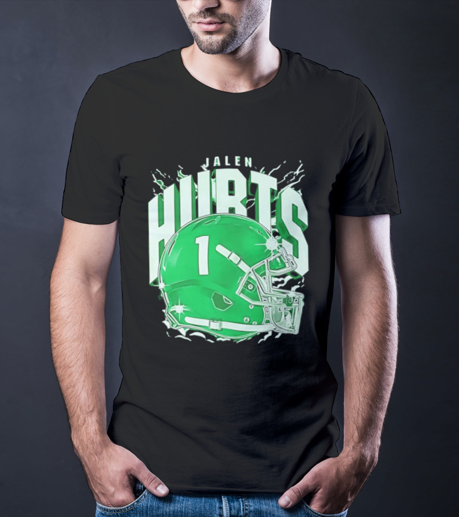 Jalen Hurts 1 Philadelphia Eagles Green Helmet Football T-Shirt