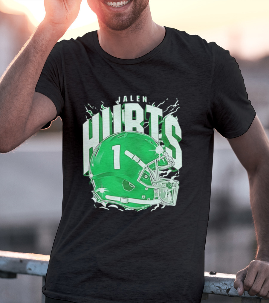 Jalen Hurts 1 Philadelphia Eagles Green Helmet Football T-Shirt