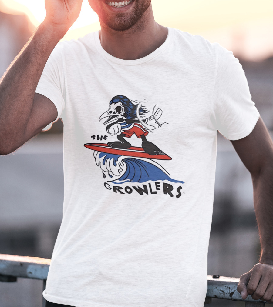 The Growlers Surfing Bird Skeleton On Wave With Red Surfboard T-Shirt