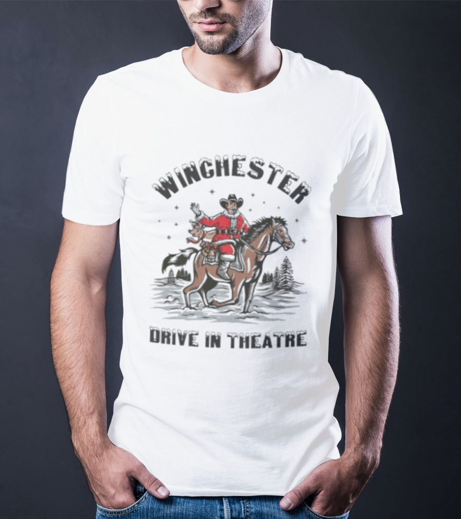Winchester Drive In Theatre Santa Claus Riding Horse Christmas Cowboy T-Shirt