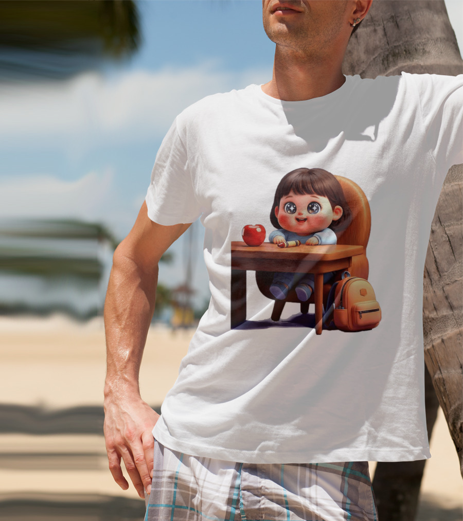 Cartoon Girl With Apple Backpack At Desk T-Shirt
