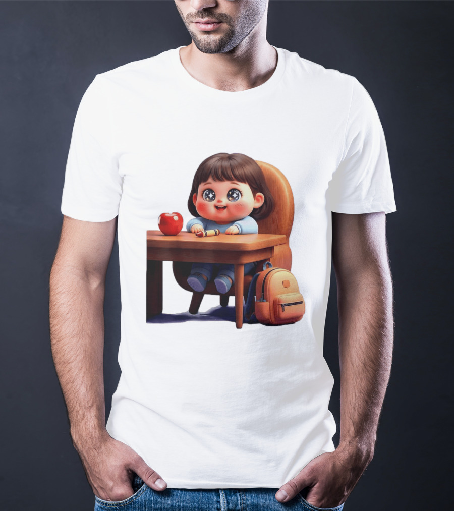 Cartoon Girl With Apple Backpack At Desk T-Shirt