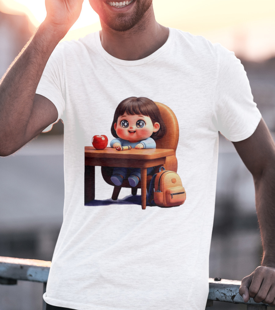 Cartoon Girl With Apple Backpack At Desk T-Shirt