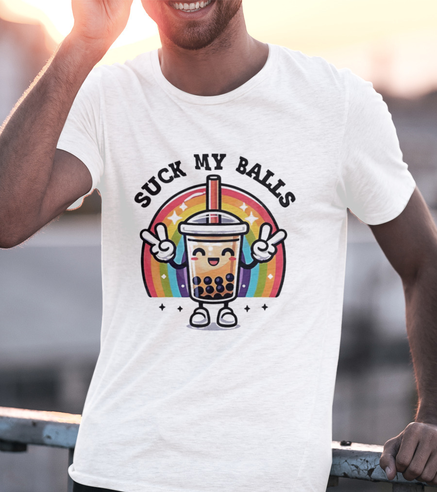 Suck My Balls Boba Tea Rainbow Peace Sign T-Shirt