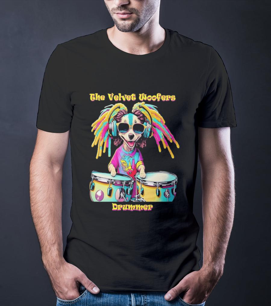 The Velvet Woofers Drummer Dog Colorful Cool Canine With Headphones And Drums T-Shirt