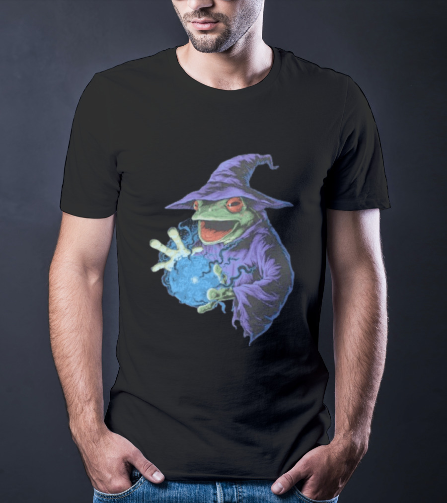 Wizard Frog In Purple Robe Casting Blue Magic Spell T-Shirt