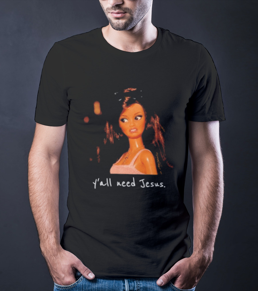Y'all Need Jesus Doll Funny Meme Brown Hair Orange Dress T-Shirt