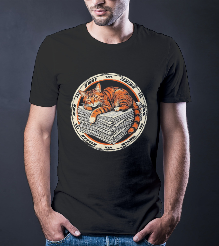 Orange Cat Relaxing On Stack Of Newspapers In Circle T-Shirt