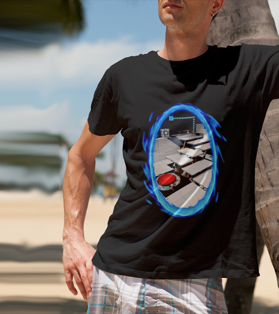 Portal Weighted Companion Cube Aperture Science Test Chamber Blue Portal Steps T-Shirt