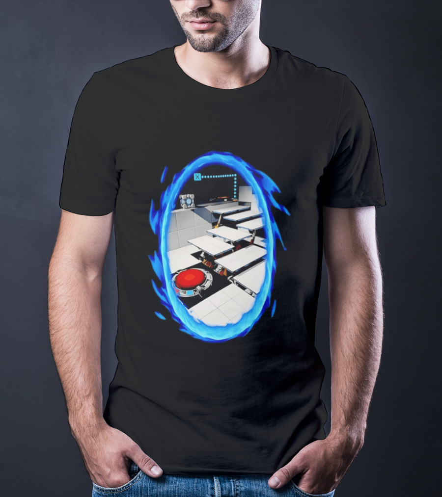 Portal Weighted Companion Cube Aperture Science Test Chamber Blue Portal Steps T-Shirt