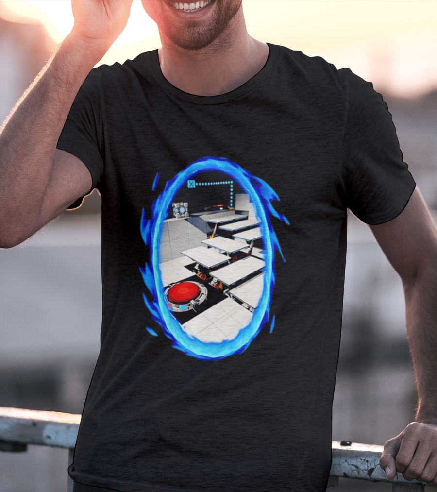 Portal Weighted Companion Cube Aperture Science Test Chamber Blue Portal Steps T-Shirt