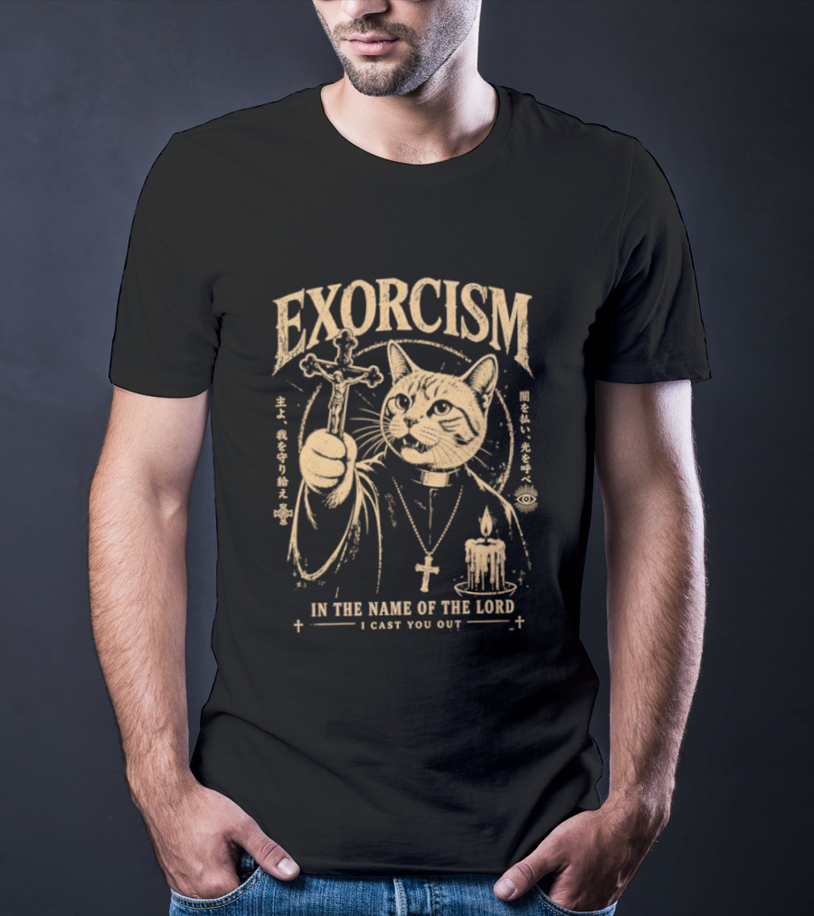 Exorcism Cat In The Name Of The Lord I Cast You Out Cross Candle T-Shirt