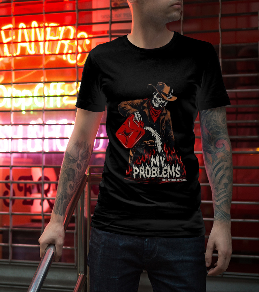 Fueling My Problems Skeleton Cowboy Side Action T-Shirt