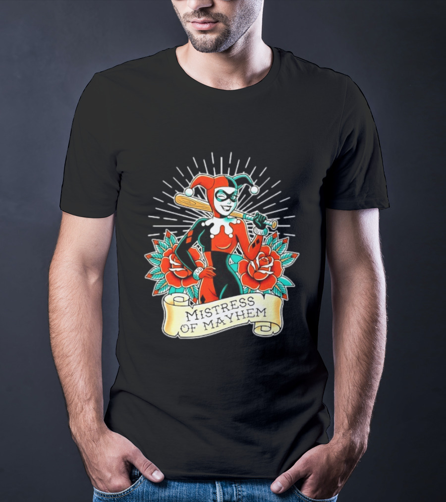 Harley Quinn DC Comics Mistress Of Mayhem Roses And Bat T-Shirt