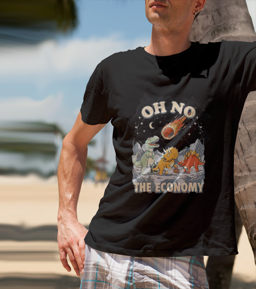Oh No The Economy Dinosaurs Meteor Cartoon Funny Design Dinosaur Comic T-Shirt