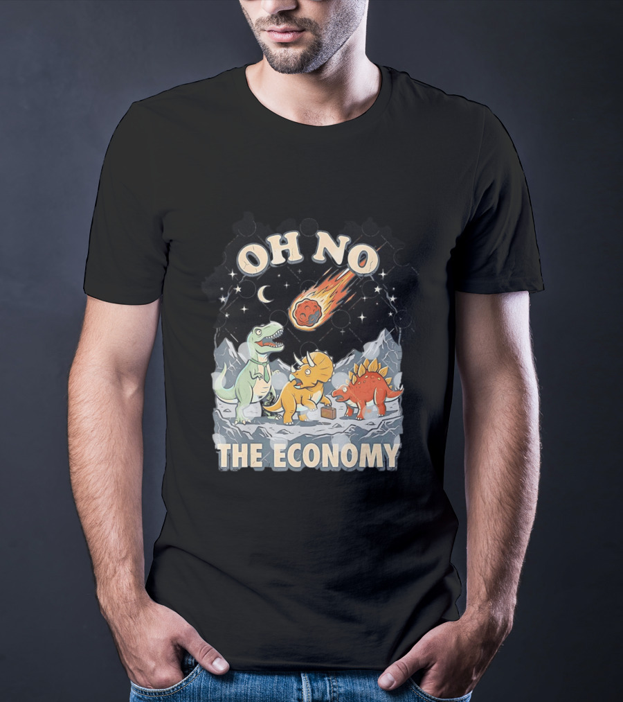 Oh No The Economy Dinosaurs Meteor Cartoon Funny Design Dinosaur Comic T-Shirt