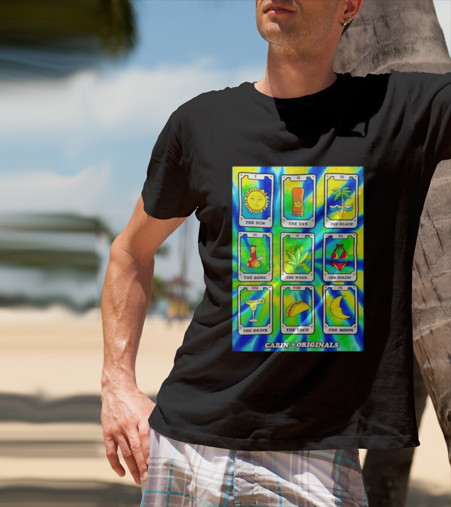 Cabin 7 Originals Tarot Cards Sun Tan Beach Bong Weed Bikini Drink Taco Moon T-Shirt