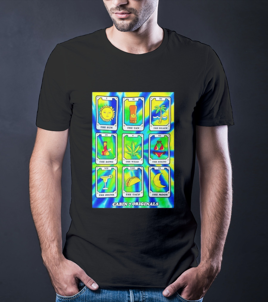 Cabin 7 Originals Tarot Cards Sun Tan Beach Bong Weed Bikini Drink Taco Moon T-Shirt