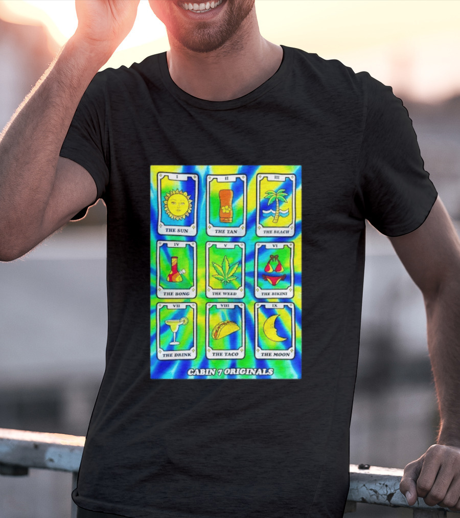 Cabin 7 Originals Tarot Cards Sun Tan Beach Bong Weed Bikini Drink Taco Moon T-Shirt