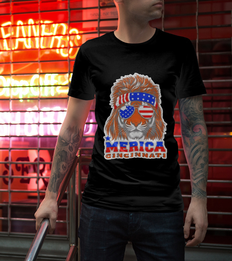 Cincinnati Merica Patriotic Tiger Mullet USA Flag T-Shirt
