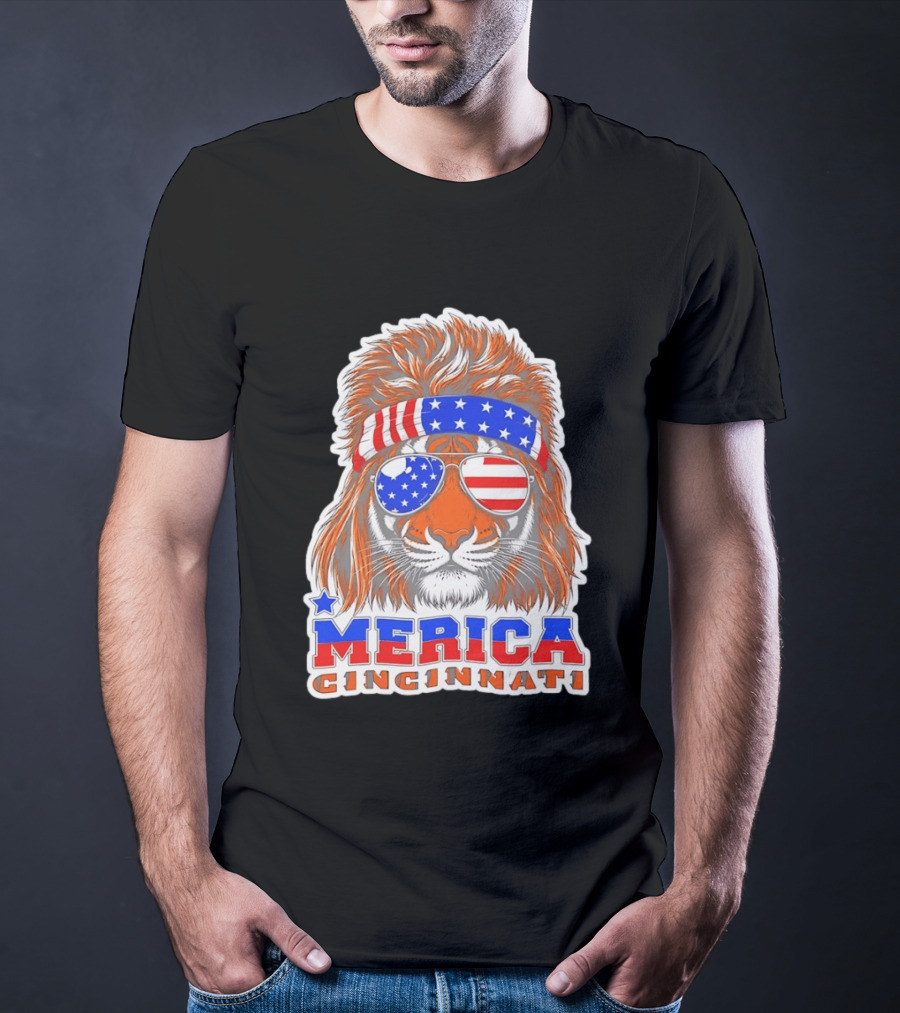 Cincinnati Merica Patriotic Tiger Mullet USA Flag T-Shirt