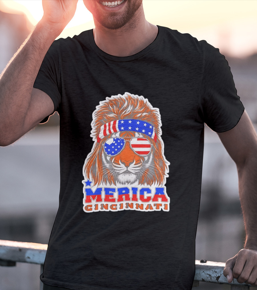 Cincinnati Merica Patriotic Tiger Mullet USA Flag T-Shirt