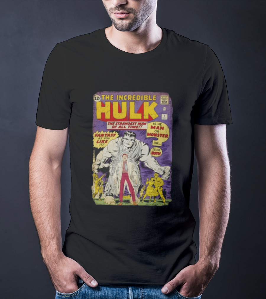 The Incredible Hulk The Strangest Man Of All Time Fantasy Comic Cover Is He Man Or Monster T-Shirt