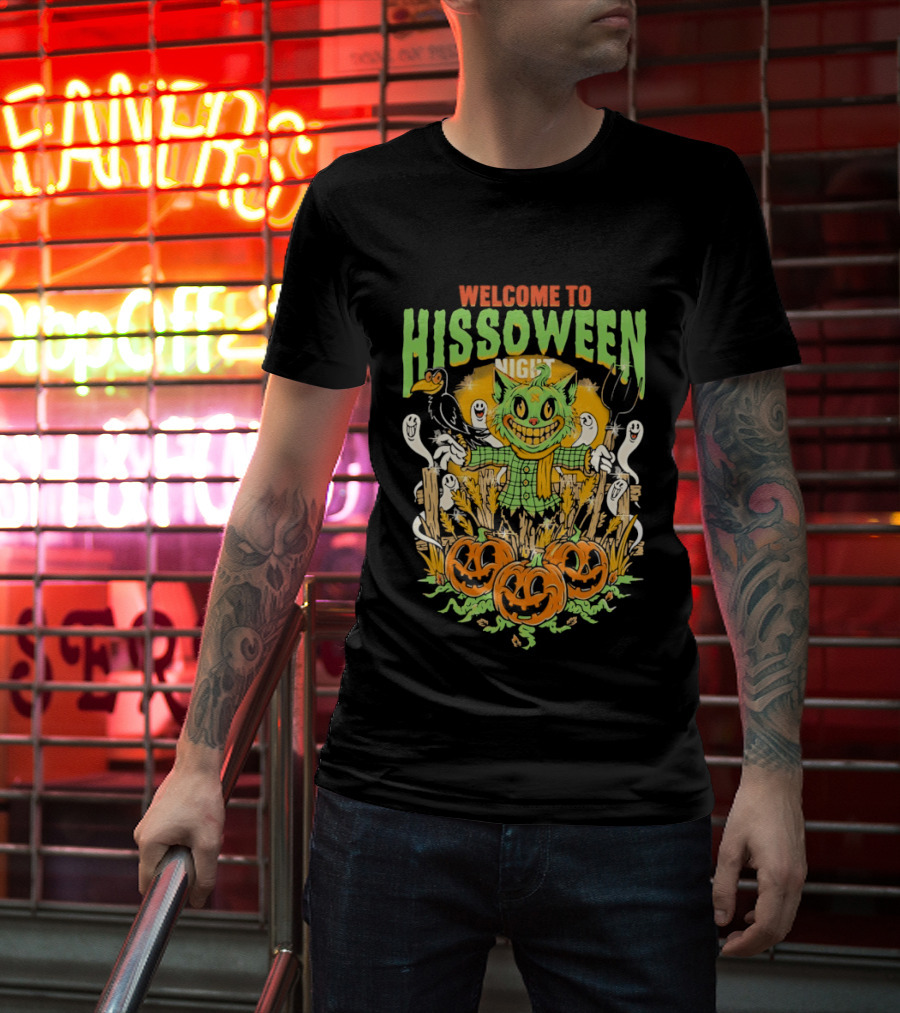 Welcome To Hissoween Night Cat Ghost Scarecrow Pumpkin T-Shirt