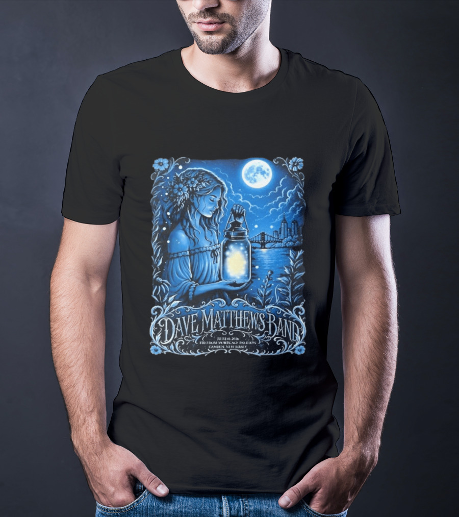 Dave Matthews Band July 10 2026 Freedom Mortgage Pavilion Camden New Jersey Moonlit Lantern And City Skyline T-Shirt