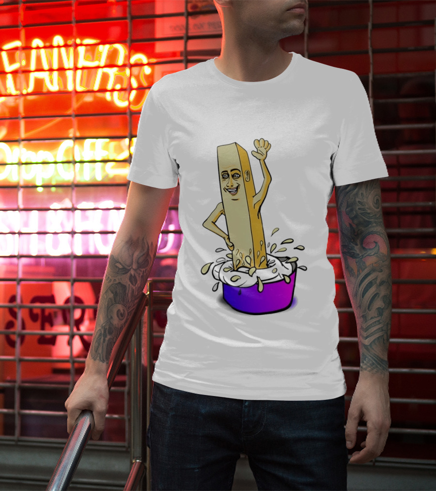 Belgian French Fry Cartoon Character Waving In Sauce Bowl T-Shirt