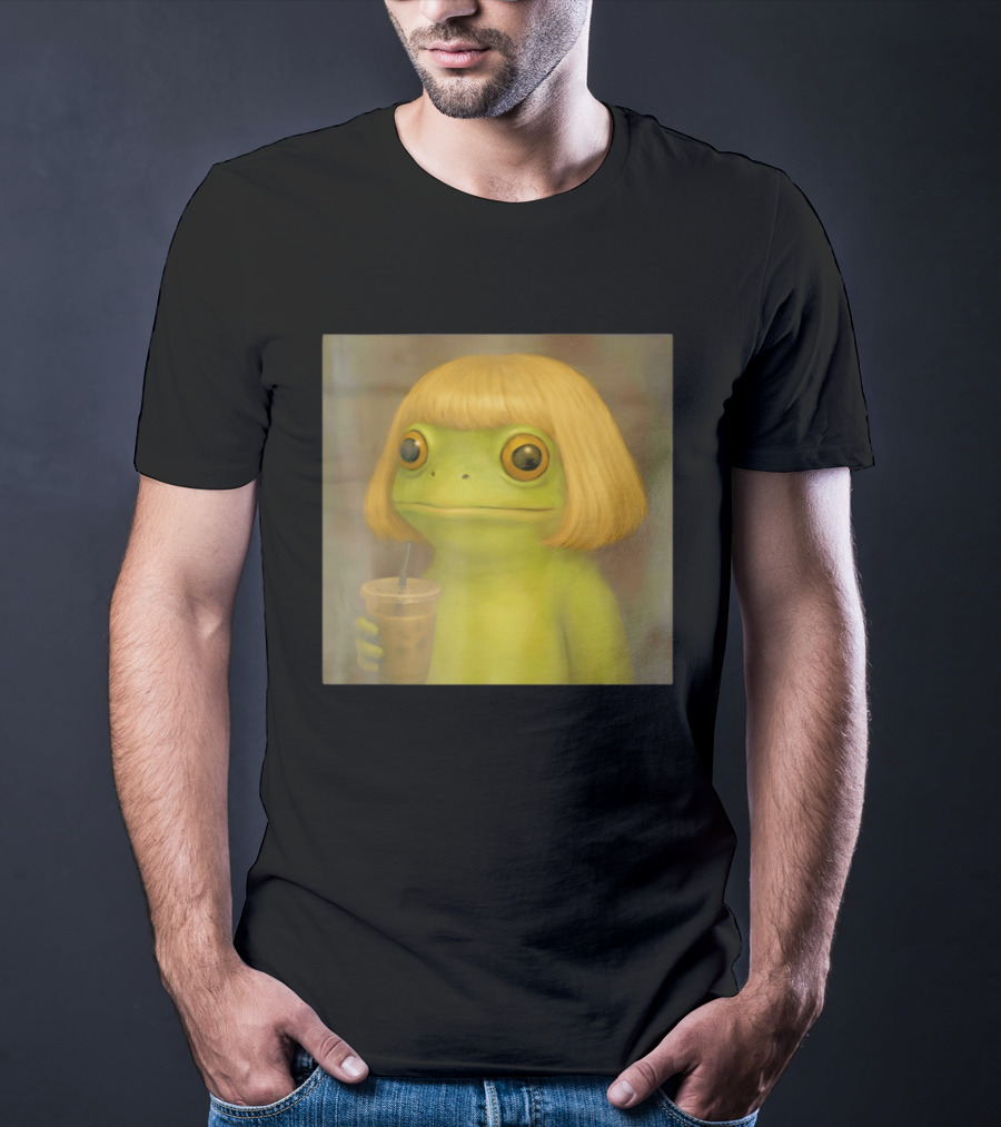 Blonde Wig Frog Holding Iced Coffee T-Shirt