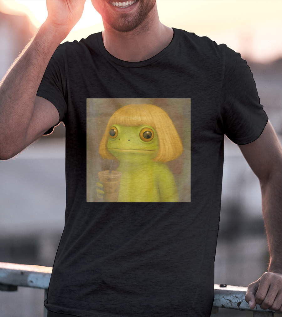 Blonde Wig Frog Holding Iced Coffee T-Shirt