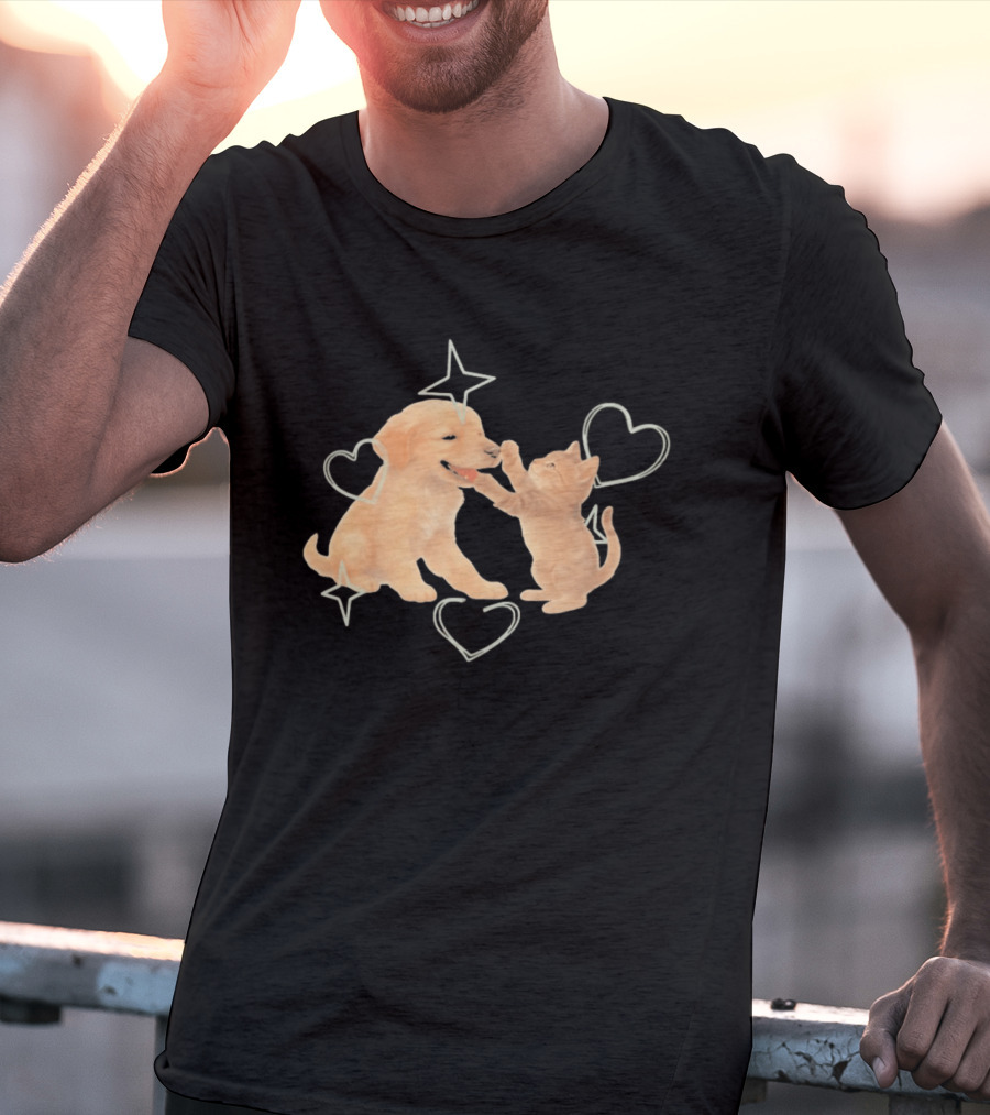 Golden Retriever Puppy And Tabby Kitten Playing With Stars And Hearts T-Shirt