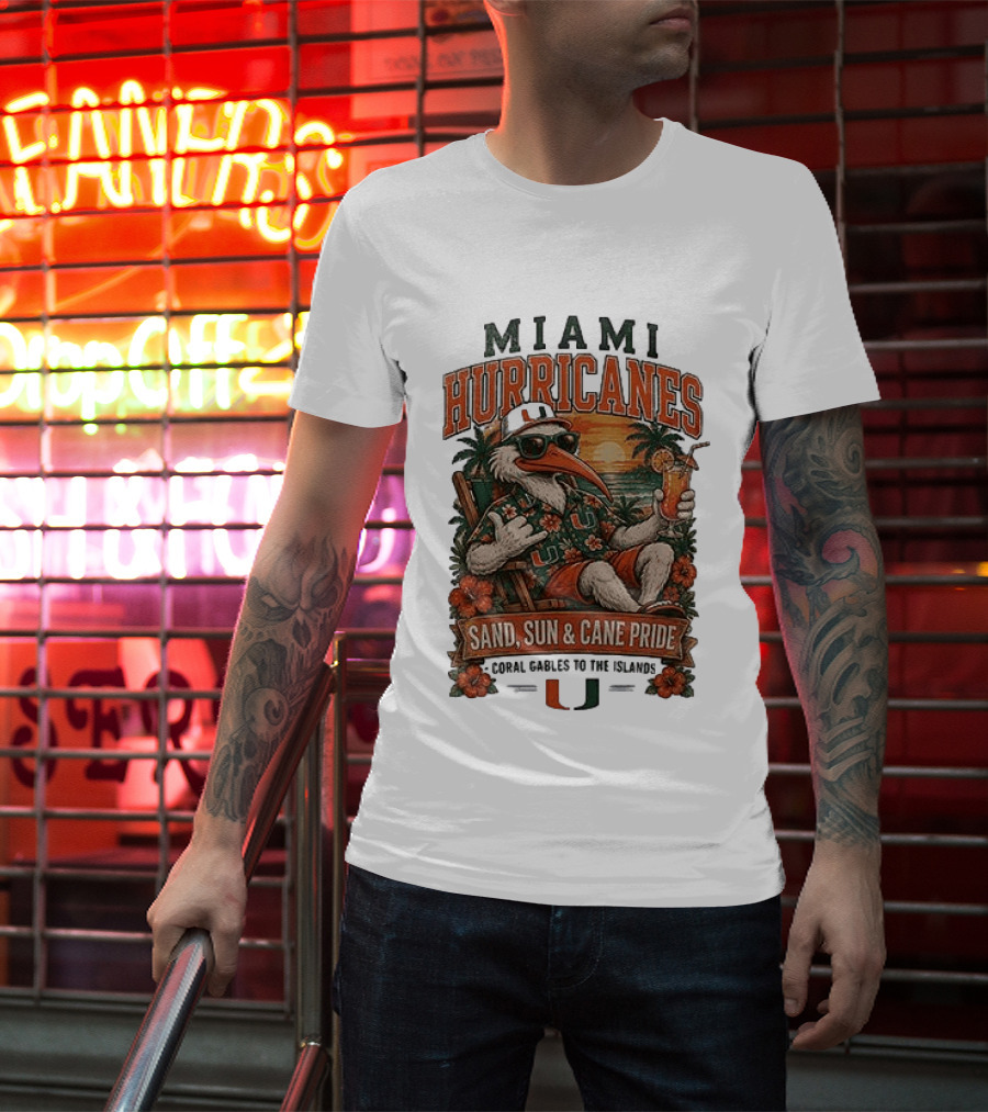 Miami Hurricanes Sand Sun Cane Pride Coral Gables To The Islands T-Shirt