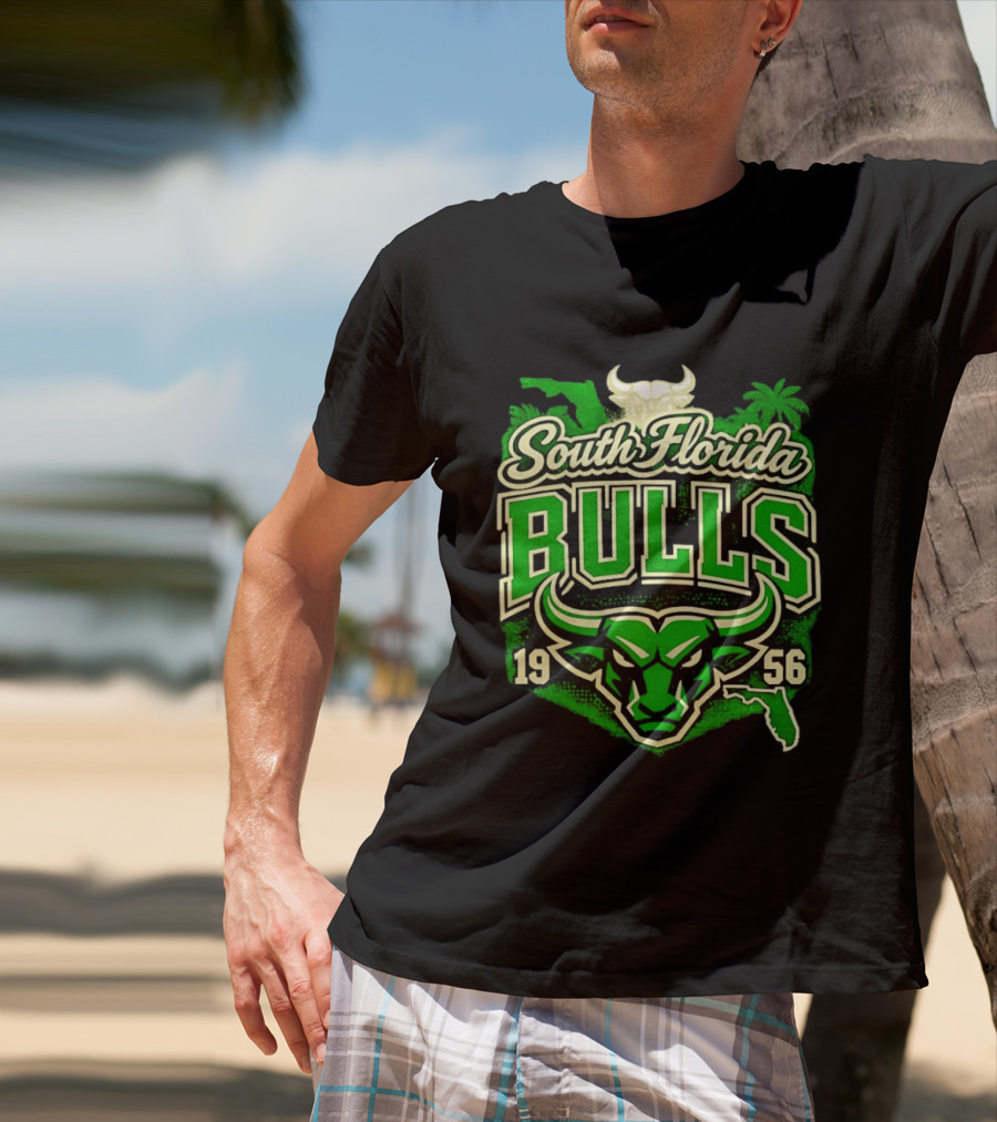 South Florida Bulls 1956 NCAA College Football Palm Tree Map Green Bull T-Shirt