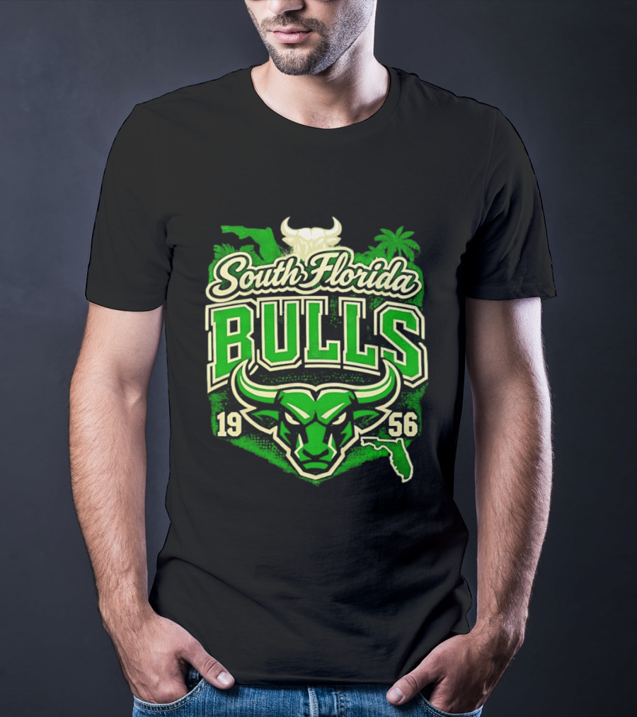 South Florida Bulls 1956 NCAA College Football Palm Tree Map Green Bull T-Shirt