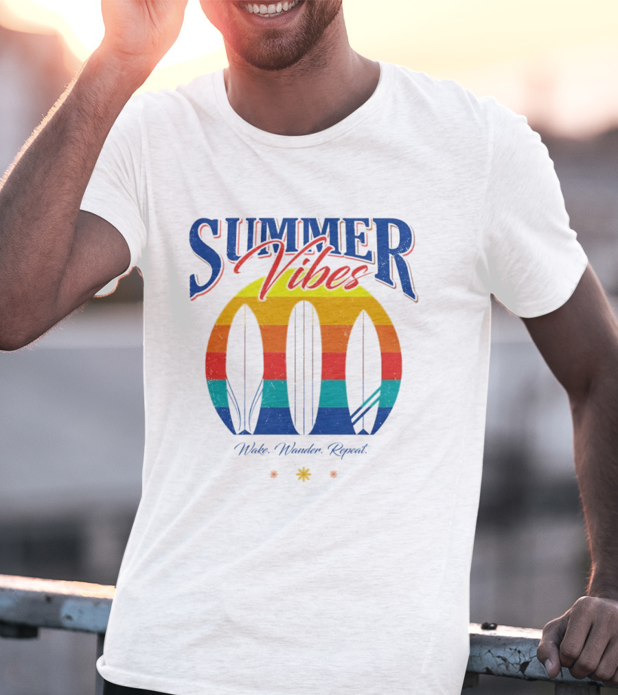 Summer Vibes Wake Wander Repeat Retro Surfboard Sunset T-Shirt